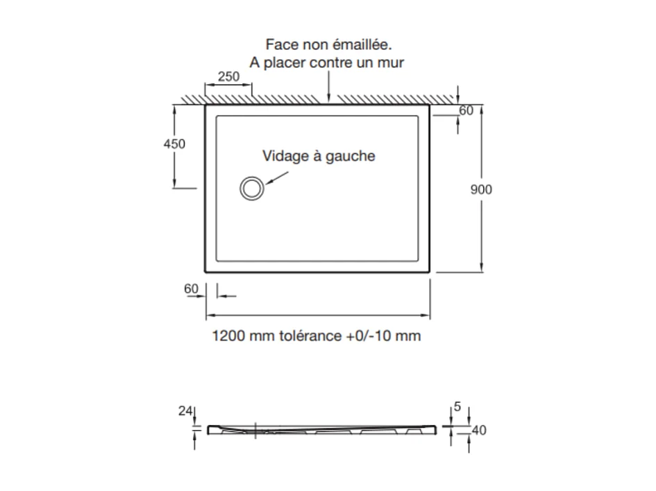 Receveur de douche 120 x 90 JACOB DELAFON Gaspard extra-plat céramique bonde à gauche + Kit de réhausse