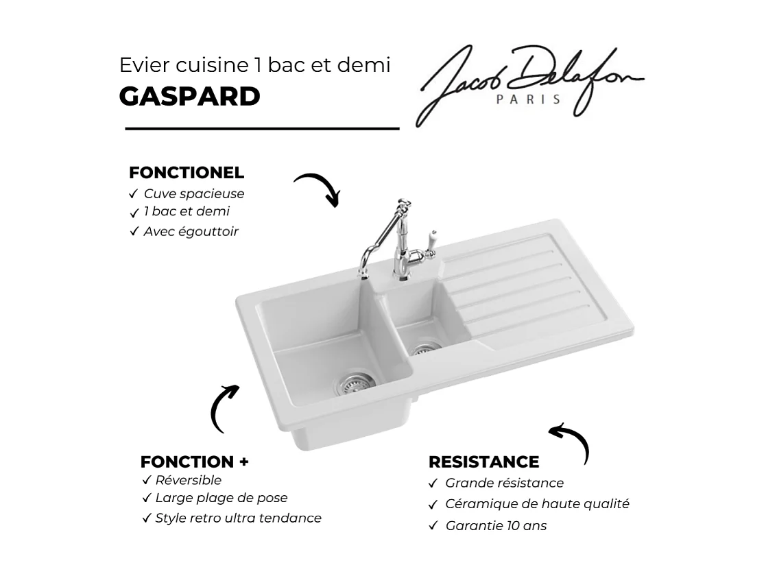 Evier à encastrer 1 bac et demi JACOB DELAFON Gaspard