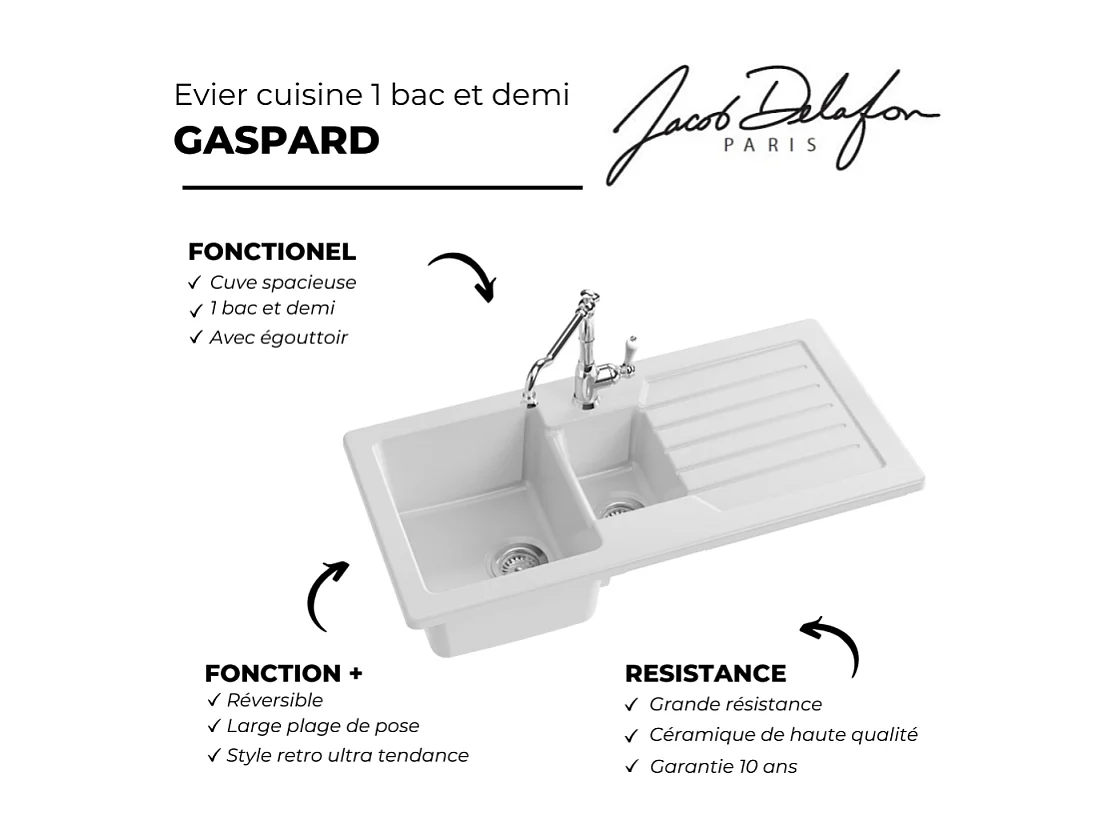 Evier à encastrer 1 bac et demi JACOB DELAFON Gaspard