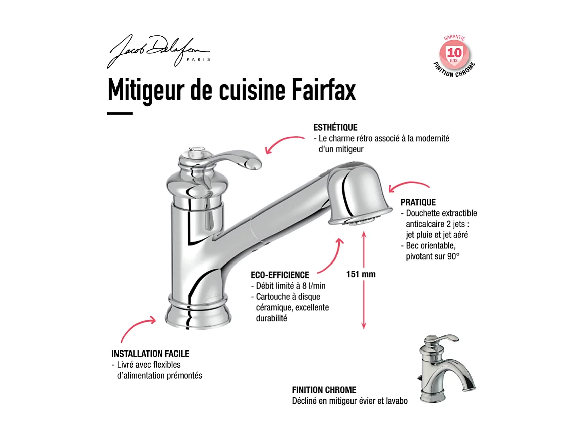Evier à encastrer 1 bac JACOB DELAFON Gaspard + robinet cuisine Fairfaix avec douchette