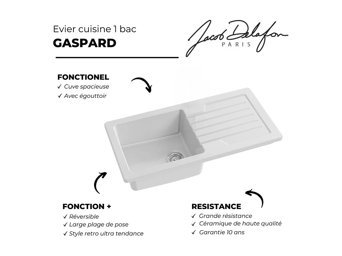 Evier à encastrer 1 bac JACOB DELAFON Gaspard + robinet cuisine Fairfaix avec douchette