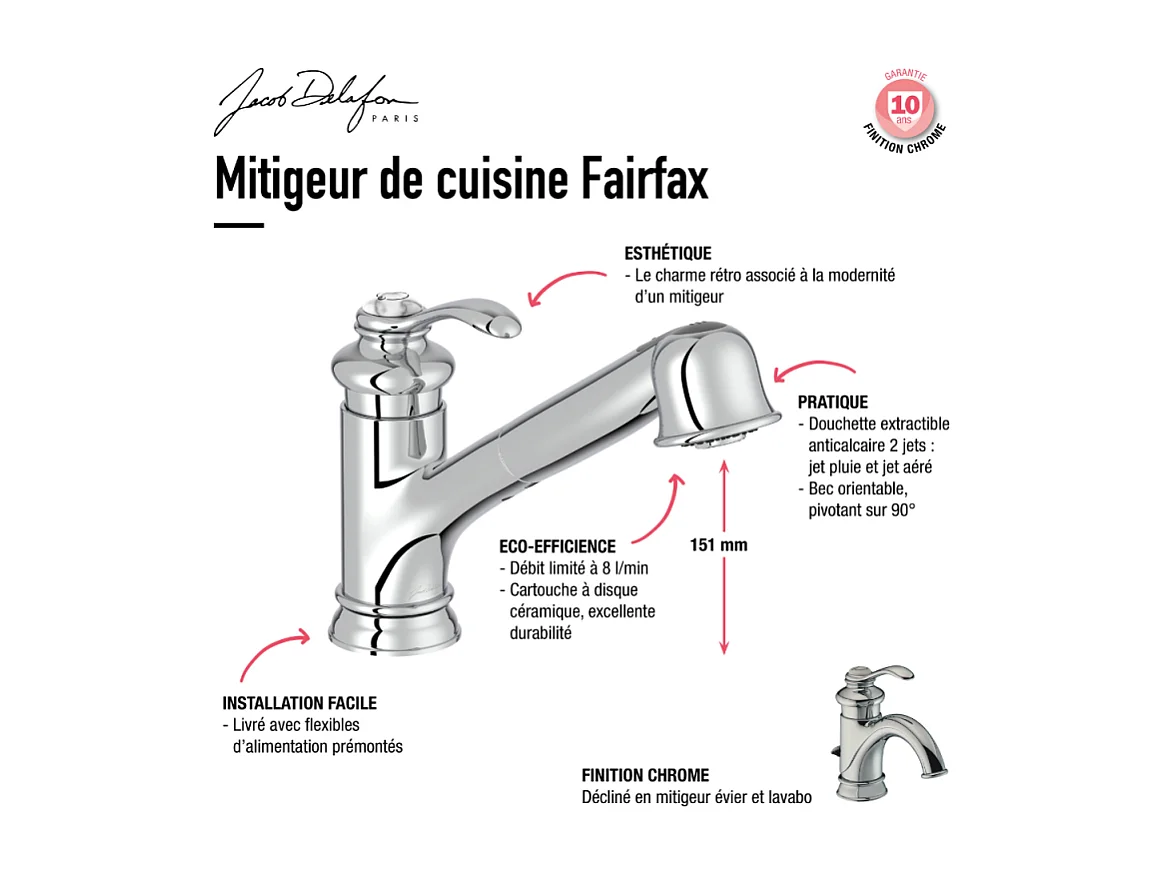 Evier à encastrer 1 bac JACOB DELAFON Gaspard + robinet cuisine Fairfaix avec douchette