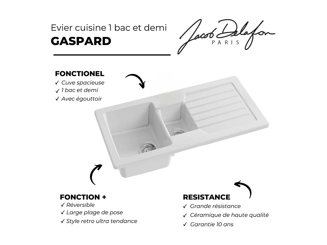 Evier à encastrer 1 bac et demi JACOB DELAFON Gaspard + robinet cuisine Raphaël