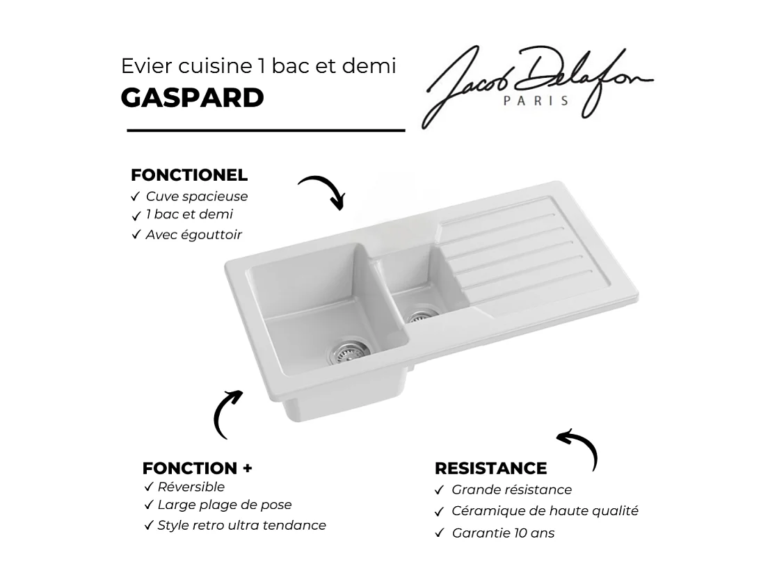 Evier à encastrer 1 bac et demi JACOB DELAFON Gaspard + robinet cuisine Elate