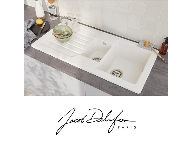 Evier à encastrer 1 bac et demi JACOB DELAFON Gaspard + robinet cuisine Elate