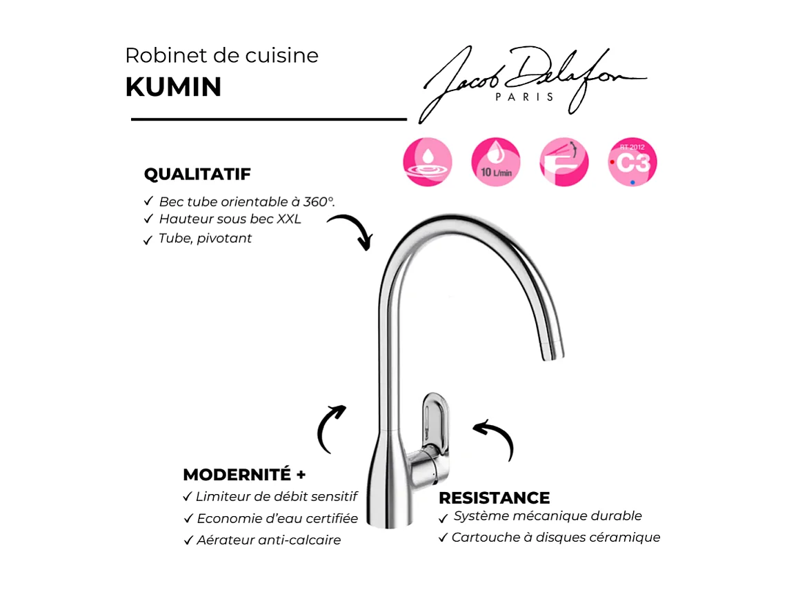 Evier à encastrer 1 bac JACOB DELAFON Gaspard + robinet cuisine Kumin