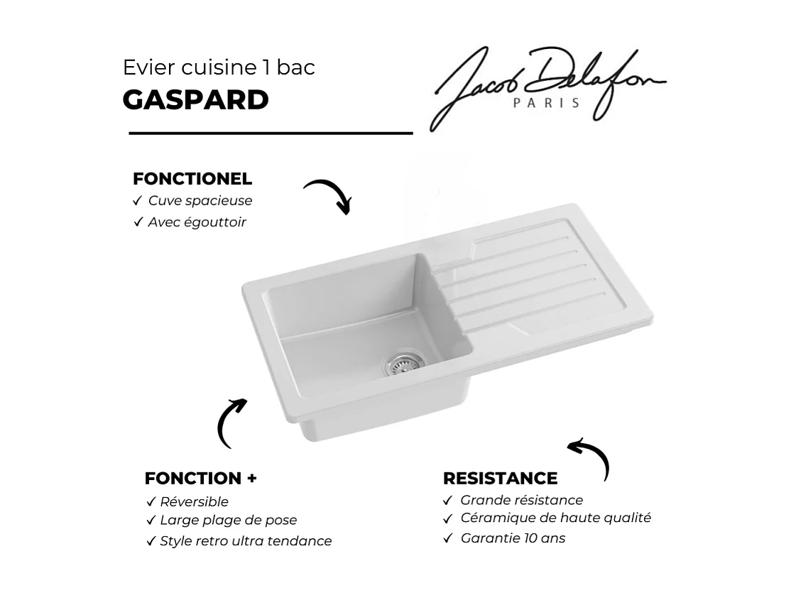 Evier à encastrer 1 bac JACOB DELAFON Gaspard + robinet cuisine Kumin