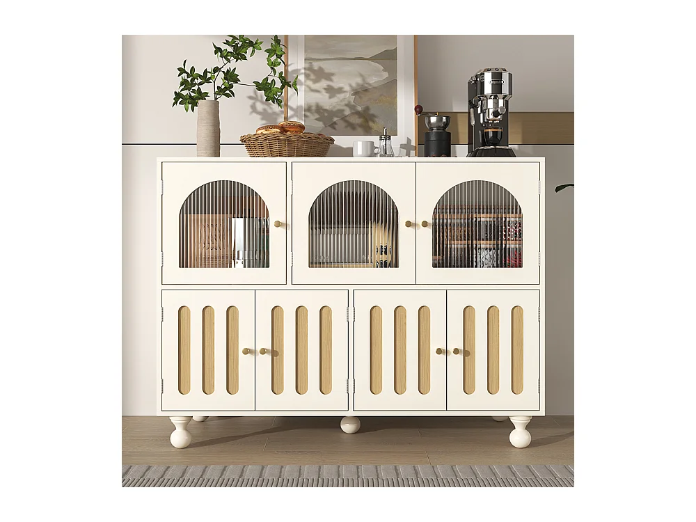 Buffet de salle à manger moderne blanc avec design arc-en-ciel, longues portes en verre, pieds à colonnes rondes, meuble de rangement élégant
