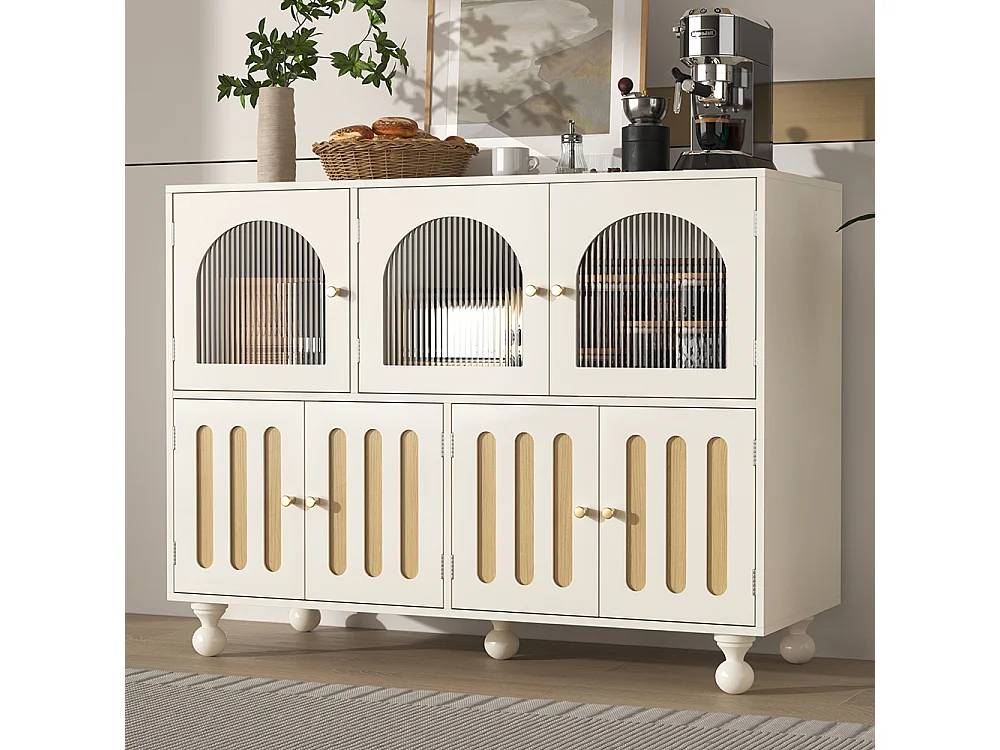 Aparador moderno branco para sala de jantar com design arco-íris, portas de vidro compridas, pés de coluna redondos, móvel de arrumação elegante