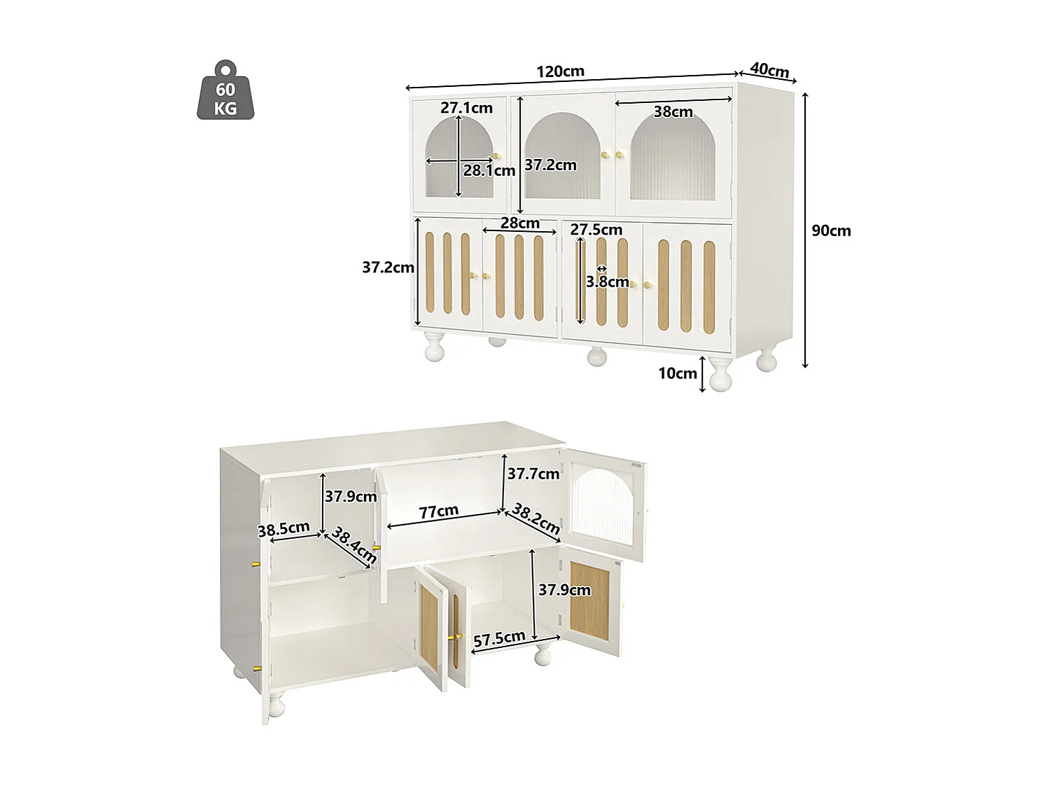 Aparador moderno branco para sala de jantar com design arco-íris, portas de vidro compridas, pés de coluna redondos, móvel de arrumação elegante