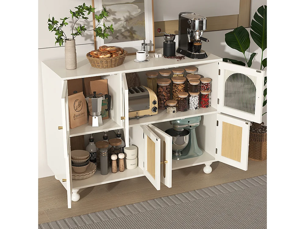 Aparador moderno branco para sala de jantar com design arco-íris, portas de vidro compridas, pés de coluna redondos, móvel de arrumação elegante