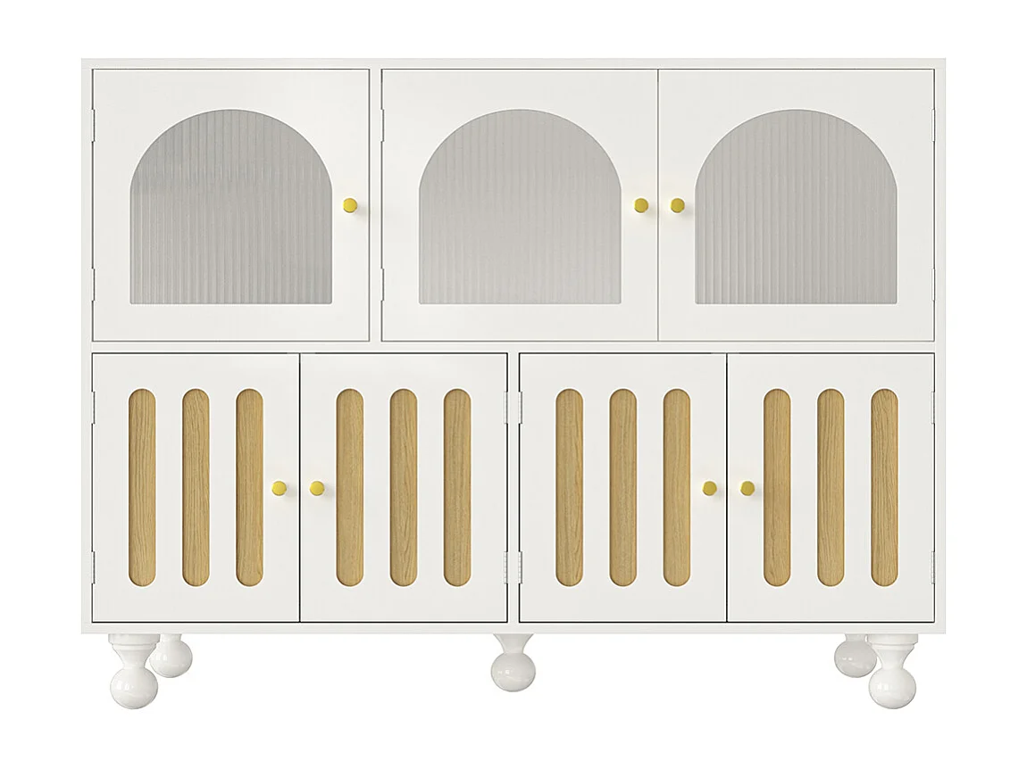 Aparador moderno branco para sala de jantar com design arco-íris, portas de vidro compridas, pés de coluna redondos, móvel de arrumação elegante