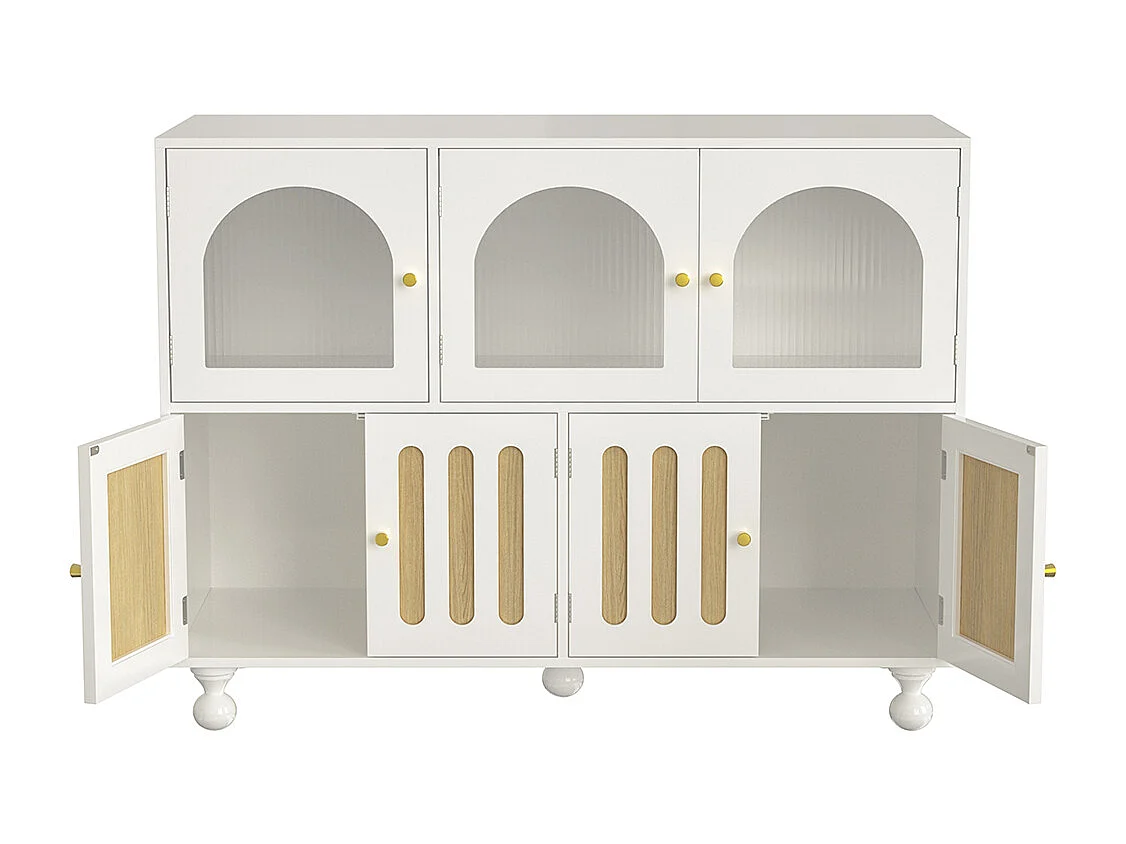 Aparador moderno branco para sala de jantar com design arco-íris, portas de vidro compridas, pés de coluna redondos, móvel de arrumação elegante