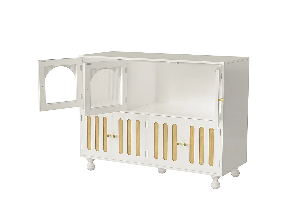 Aparador moderno branco para sala de jantar com design arco-íris, portas de vidro compridas, pés de coluna redondos, móvel de arrumação elegante