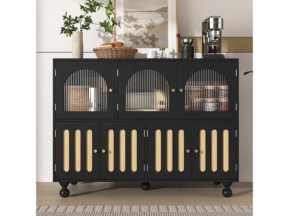 Zwart modern eetkamer dressoir met Longhorn glazen deuren, piano toets deuren, cilindrische poten