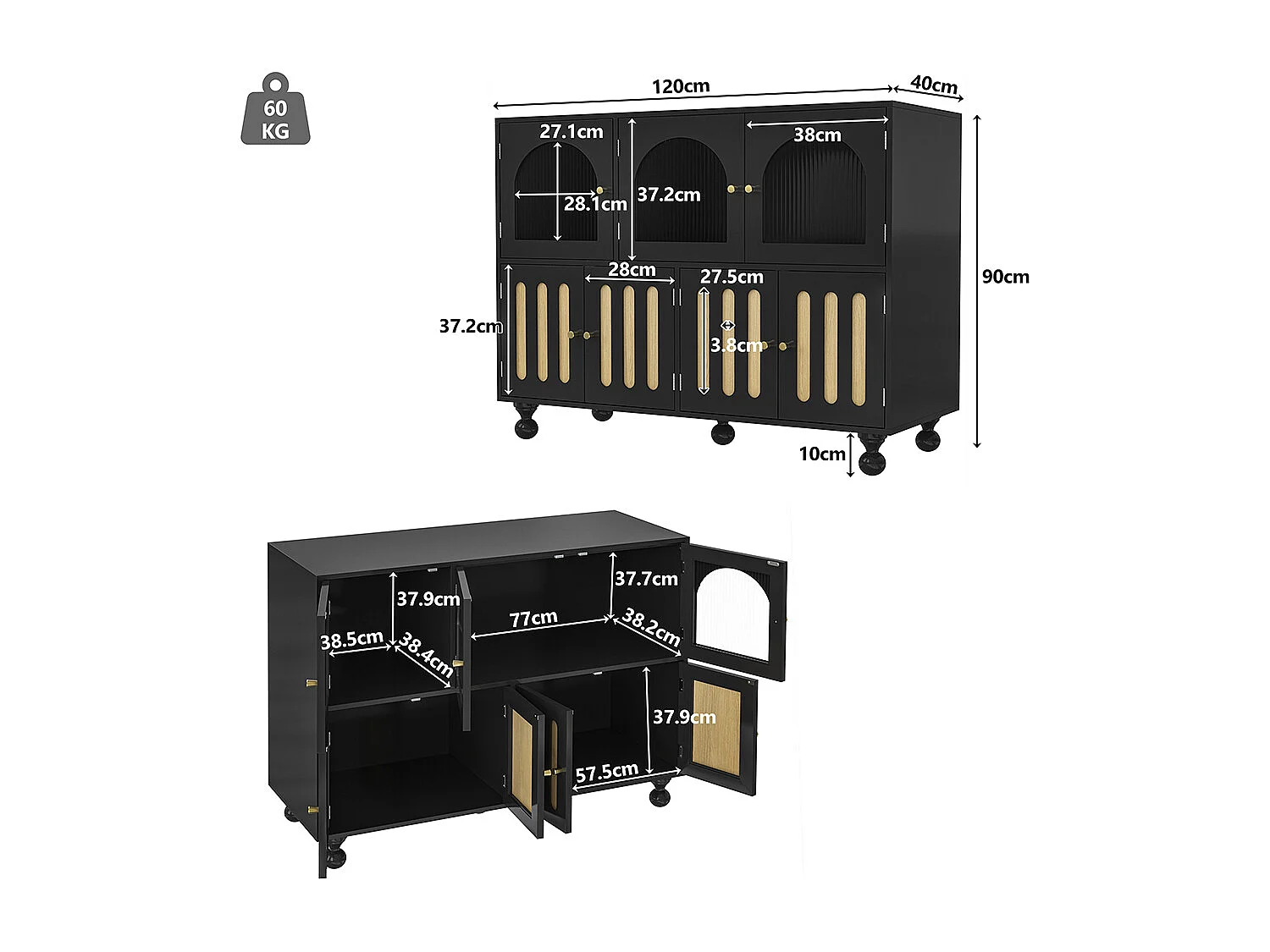 Zwart modern eetkamer dressoir met Longhorn glazen deuren, piano toets deuren, cilindrische poten