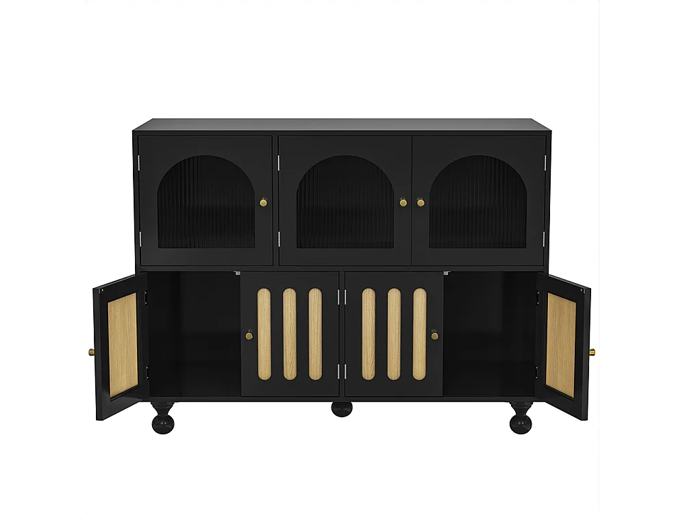 Zwart modern eetkamer dressoir met Longhorn glazen deuren, piano toets deuren, cilindrische poten