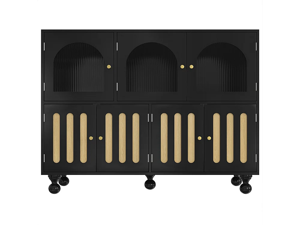 Zwart modern eetkamer dressoir met Longhorn glazen deuren, piano toets deuren, cilindrische poten