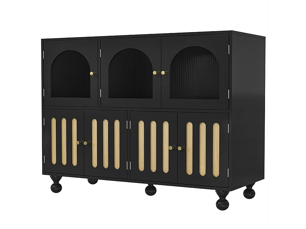 Zwart modern eetkamer dressoir met Longhorn glazen deuren, piano toets deuren, cilindrische poten