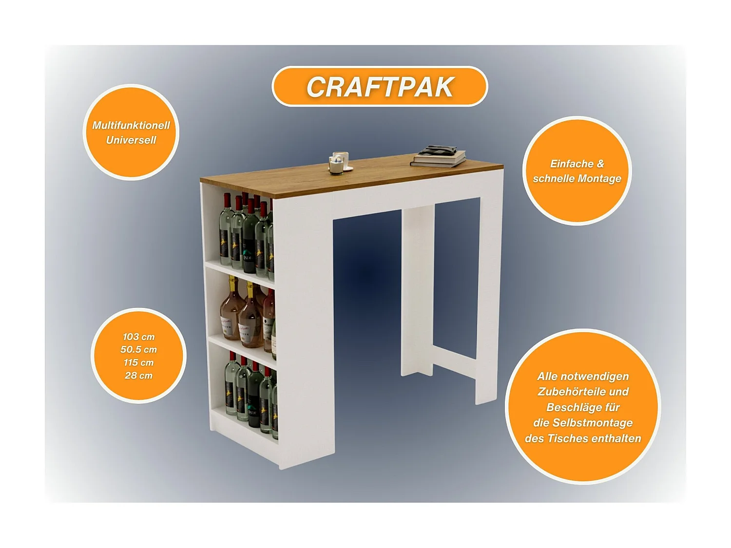 Bartisch mit 3 Regalen Thekentisch freistehend für Küche & Esszimmer Kücheninsel