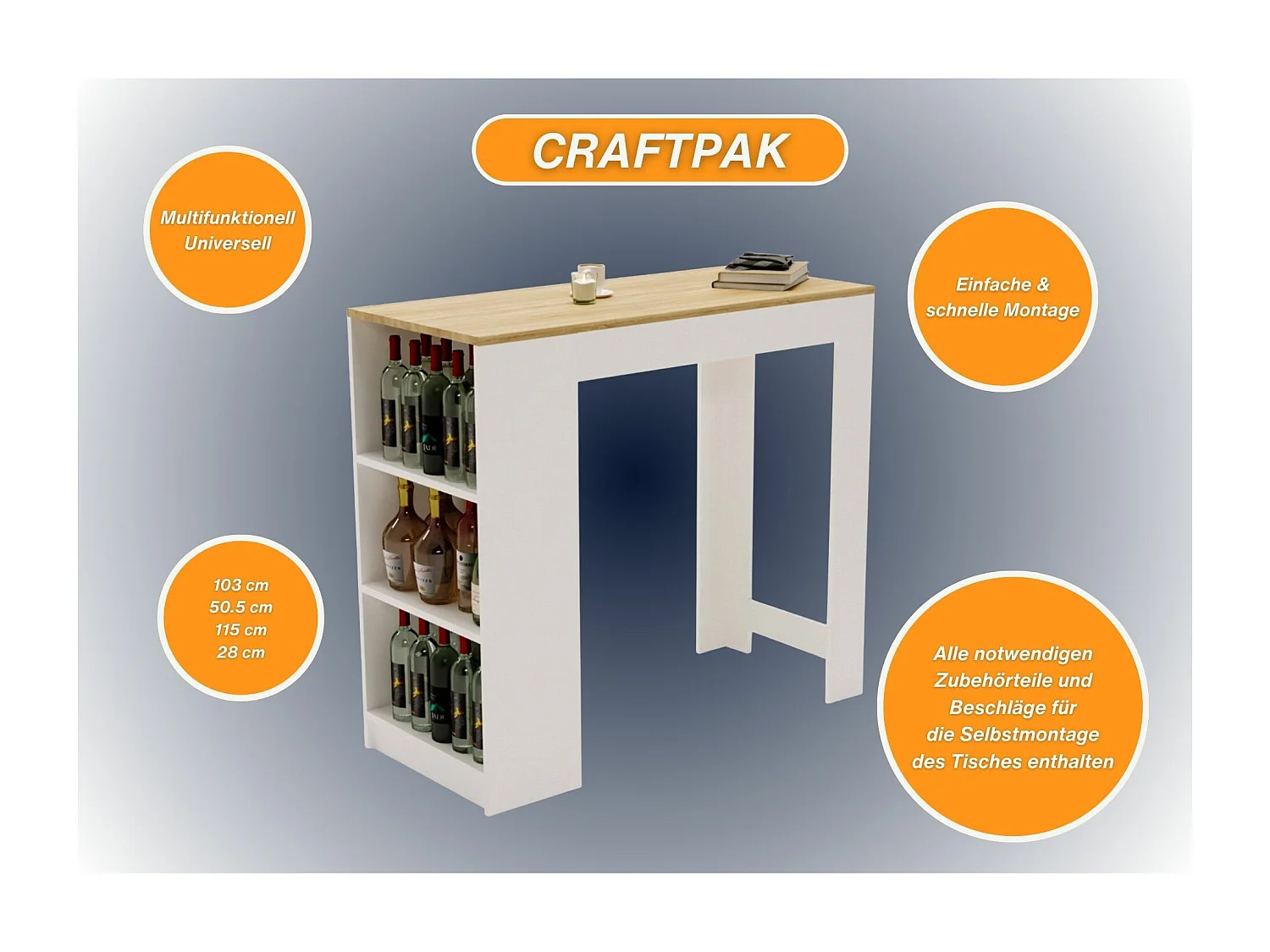 Bartisch mit 3 Regalen Thekentisch freistehend für Küche & Esszimmer Kücheninsel