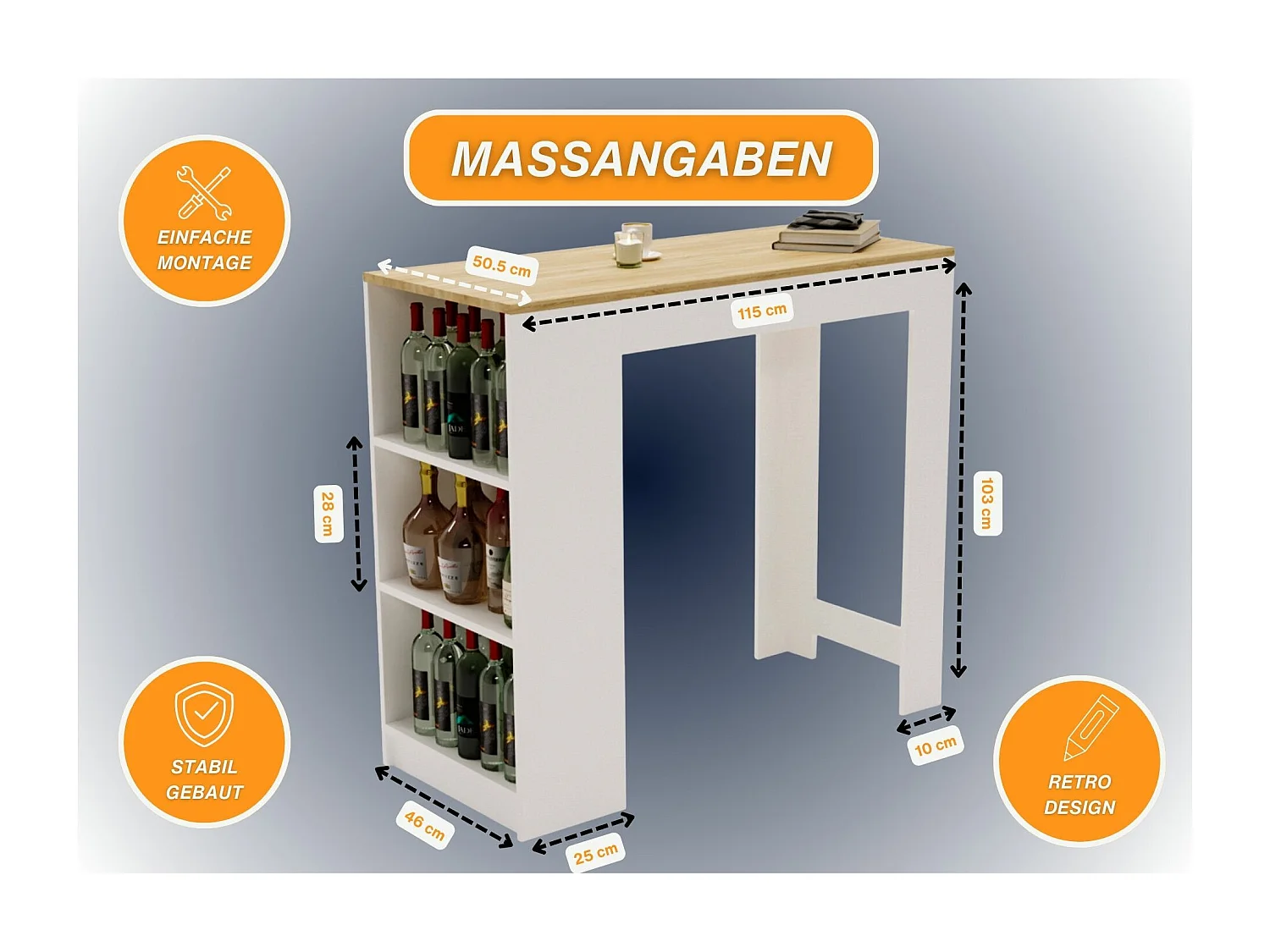 Bartisch mit 3 Regalen Thekentisch freistehend für Küche & Esszimmer Kücheninsel