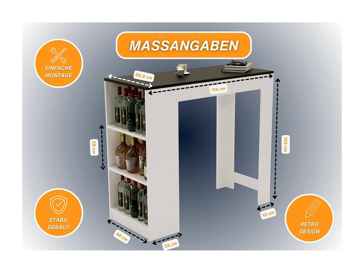 Bartisch mit 3 Regalen Thekentisch freistehend für Küche & Esszimmer Kücheninsel