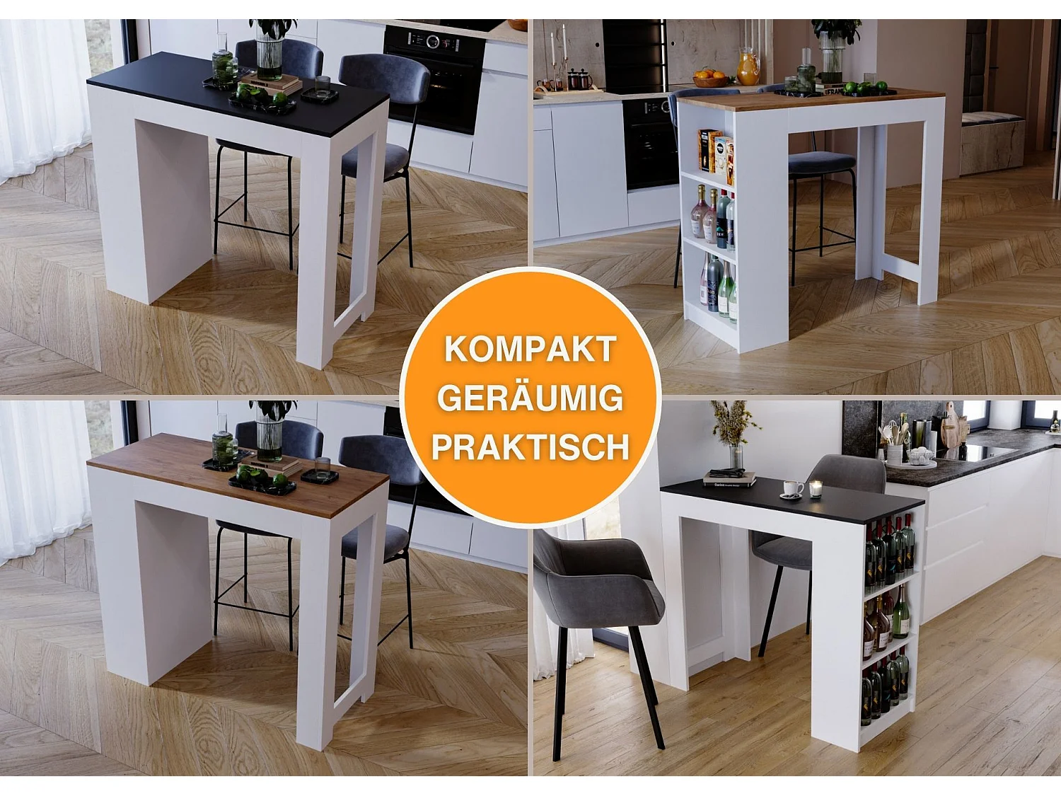 Bartisch mit 3 Regalen Thekentisch freistehend für Küche & Esszimmer Kücheninsel