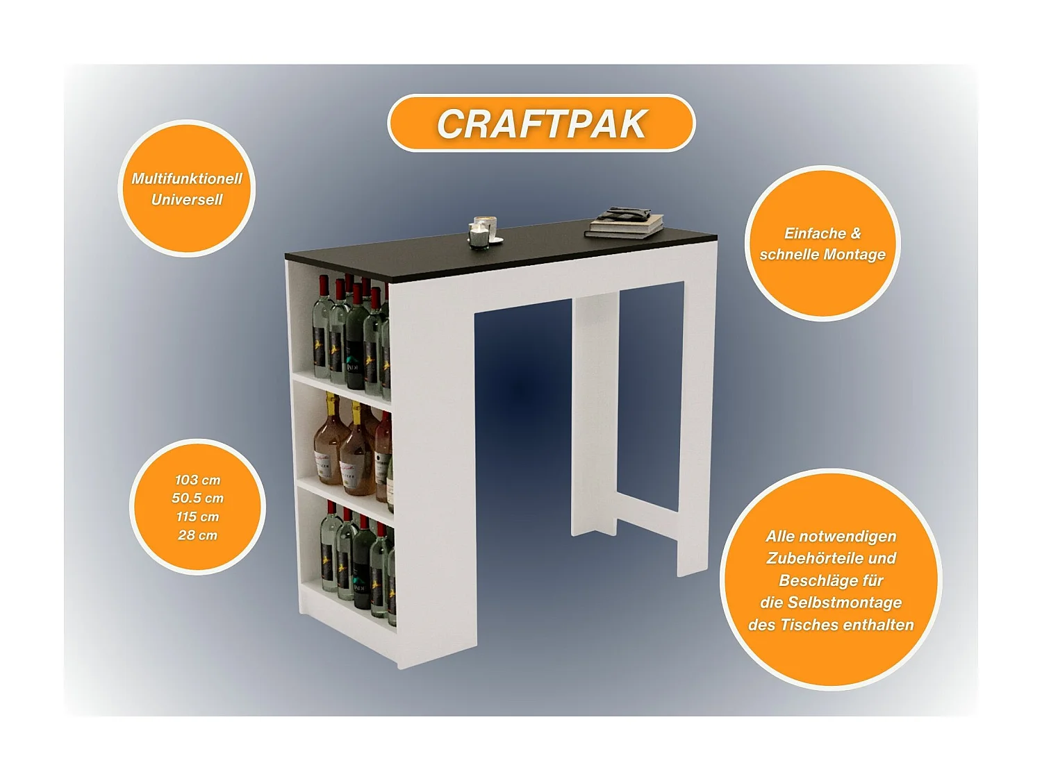 Bartisch mit 3 Regalen Thekentisch freistehend für Küche & Esszimmer Kücheninsel