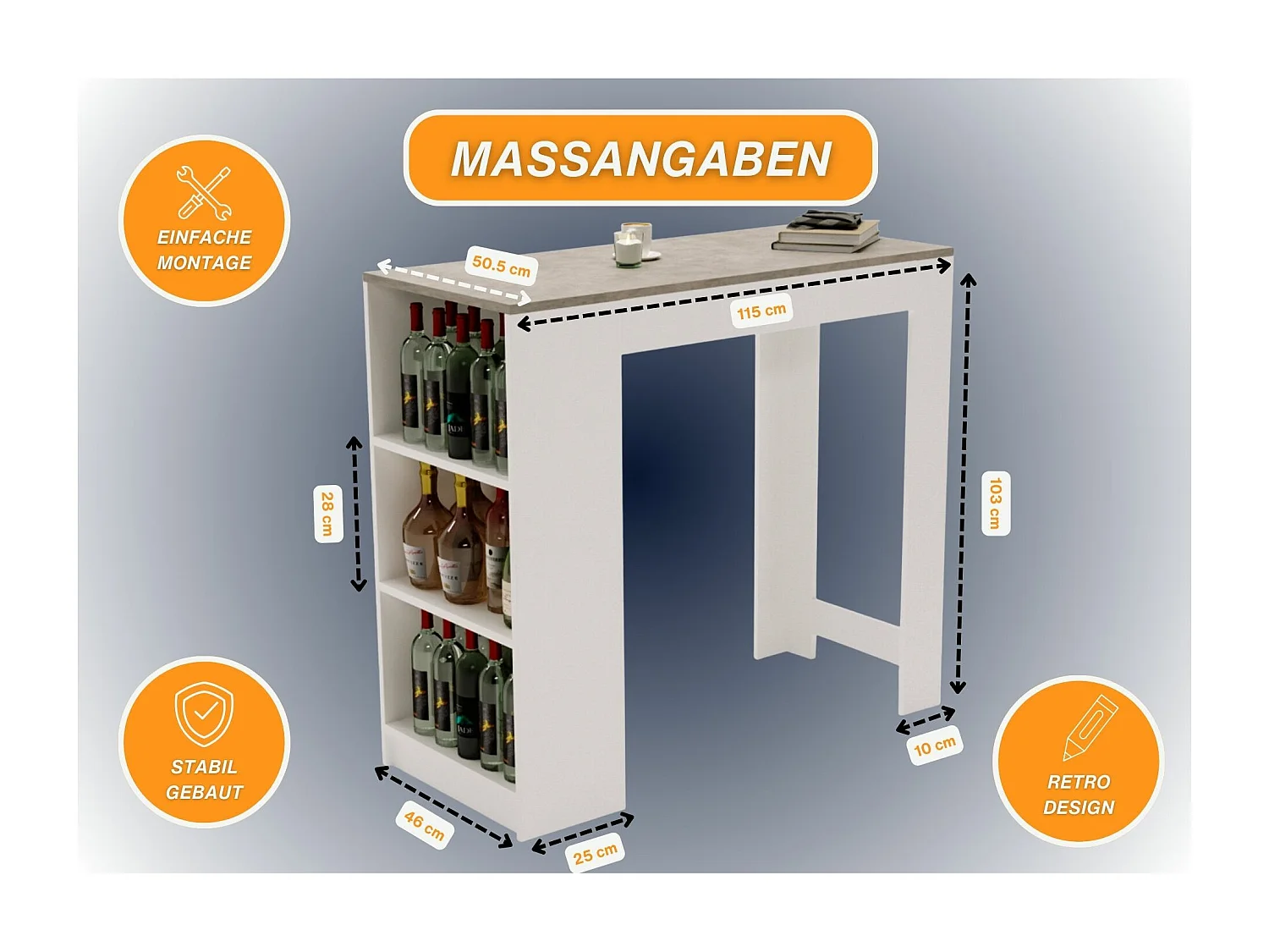 Bartisch mit 3 Regalen Thekentisch freistehend für Küche & Esszimmer Kücheninsel