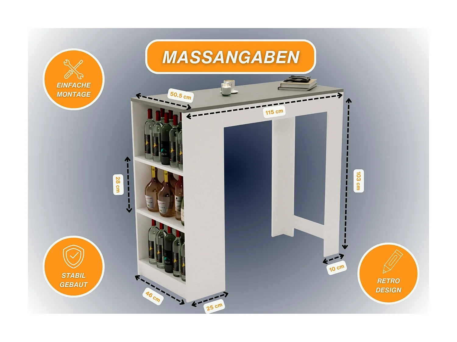 Bartisch mit 3 Regalen Thekentisch freistehend für Küche & Esszimmer Kücheninsel