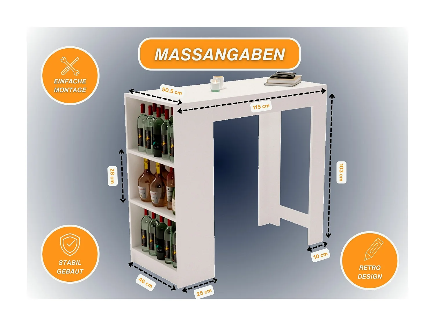 Bartisch mit 3 Regalen Thekentisch freistehend für Küche & Esszimmer Kücheninsel