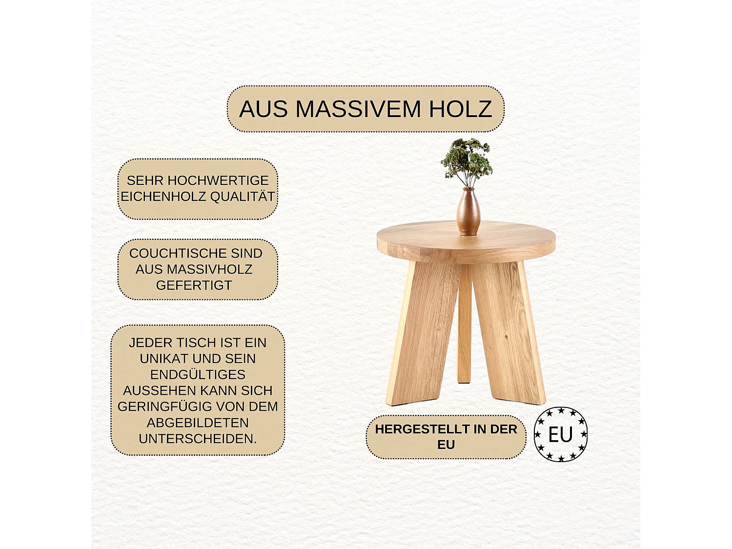 Couchtisch aus massivem Eichenholz - L50*B50*H45 stabil & modern