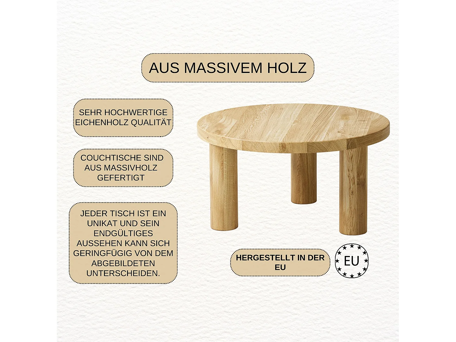 Couchtisch aus massivem Eichenholz - L60*B60*H37 stabil & modern