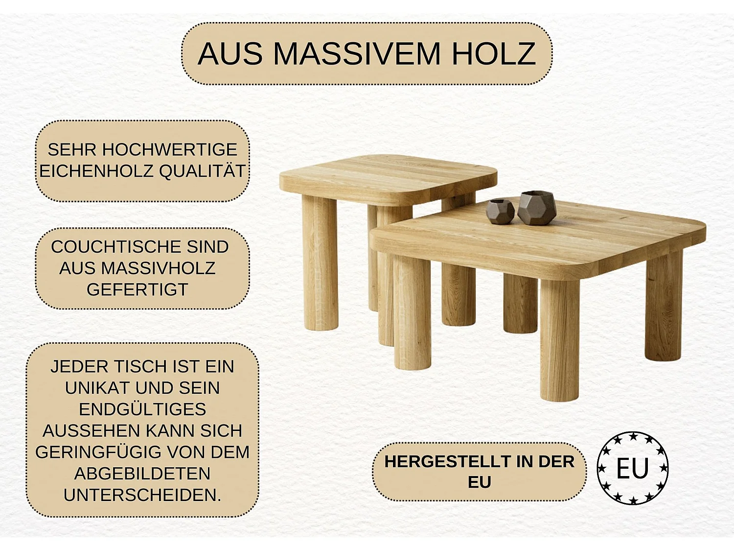 Couchtisch - SET aus massivem Eichenholz zwei Tische stabil & modern