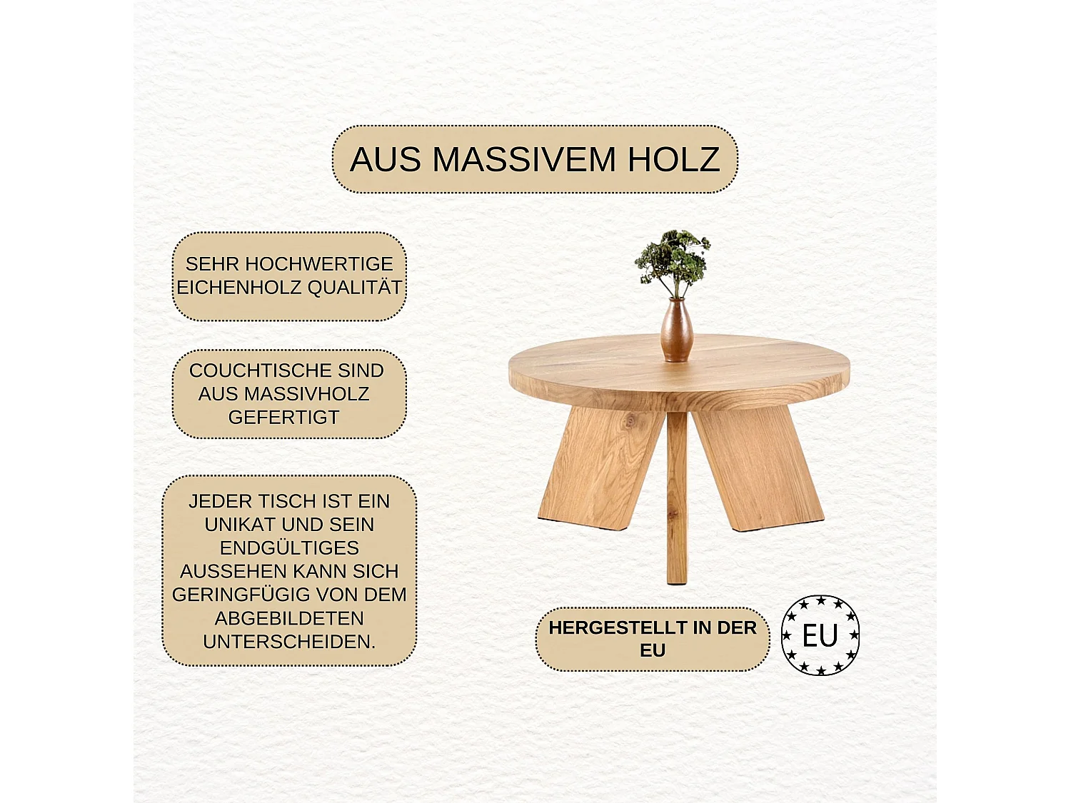 Couchtisch aus massivem Eichenholz - L80*B80*H37 stabil & modern