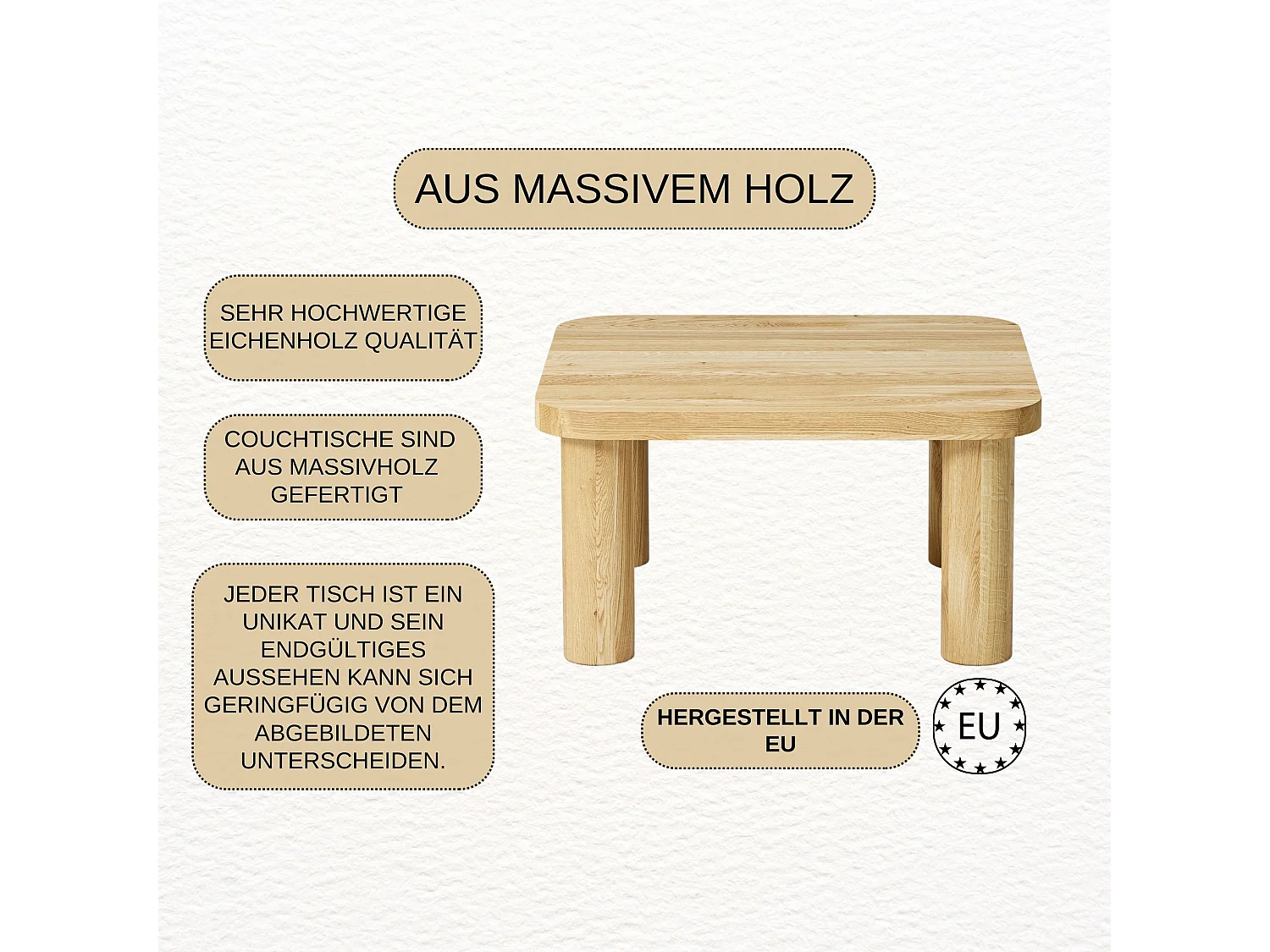 Couchtisch aus massivem Eichenholz - L50*B50*H37 stabil & modern