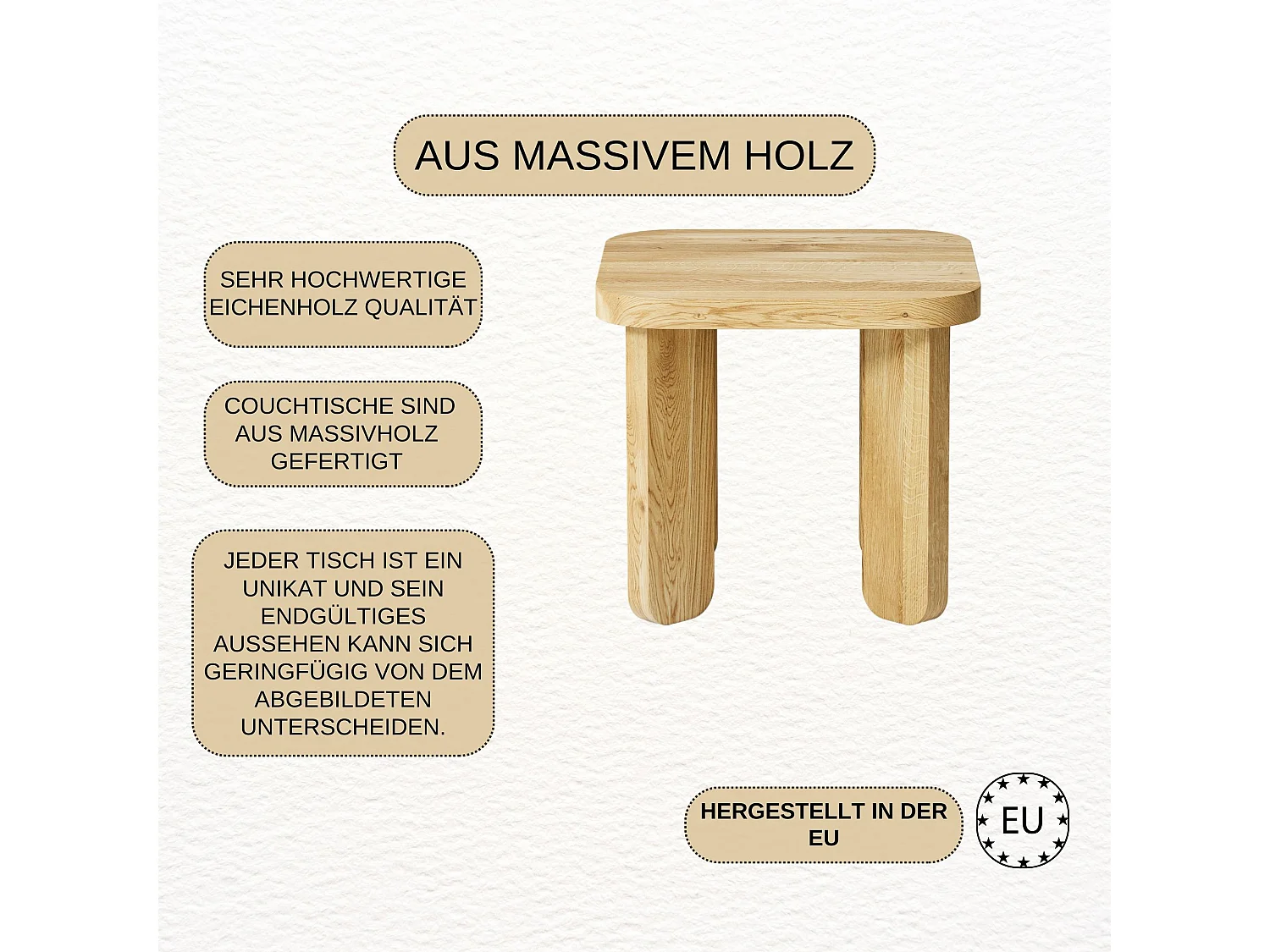 Couchtisch aus massivem Eichenholz - L70*B70*H45 stabil & modern