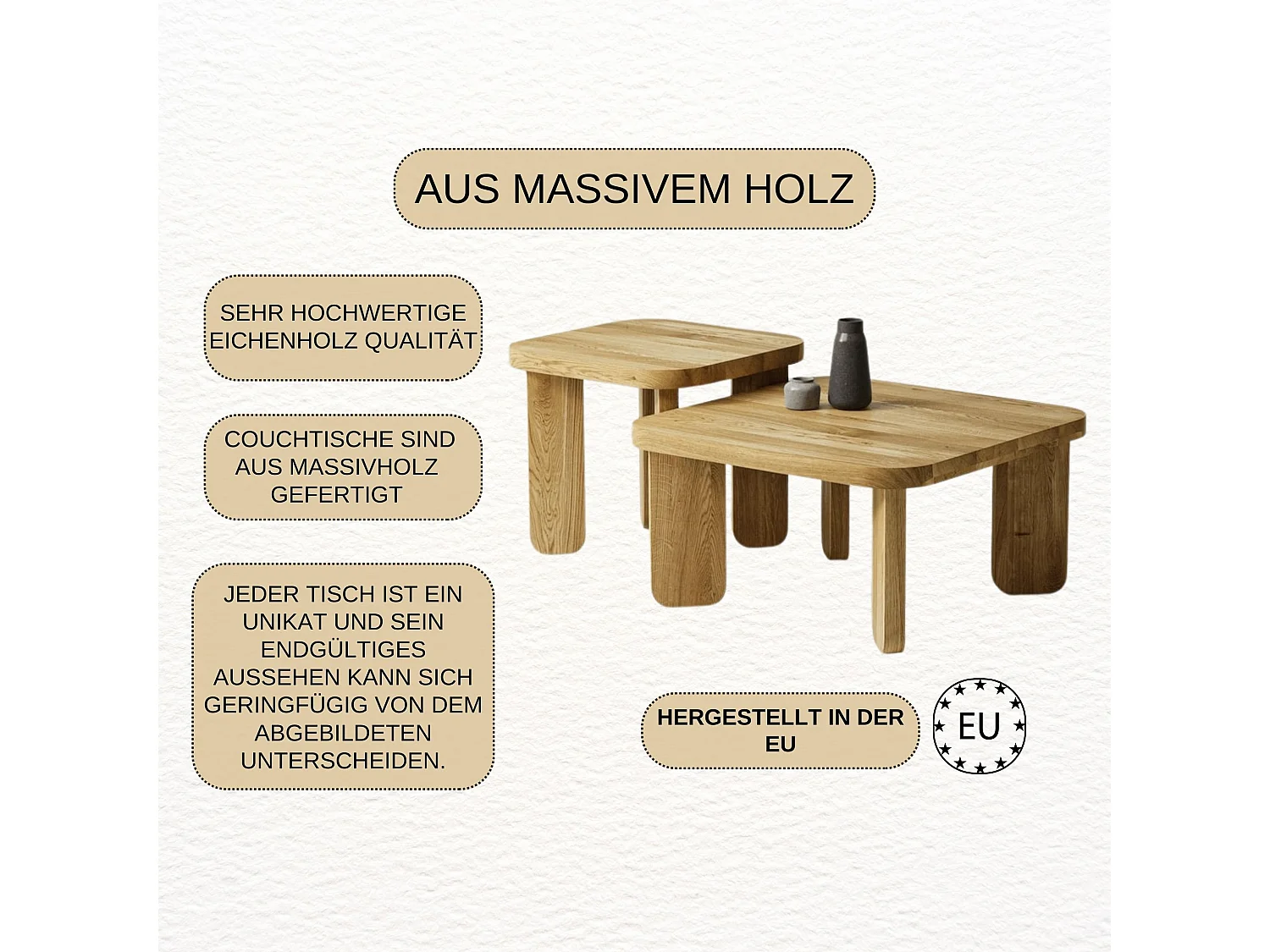 Couchtisch - SET aus massivem Eichenholz zwei Tische stabil & modern