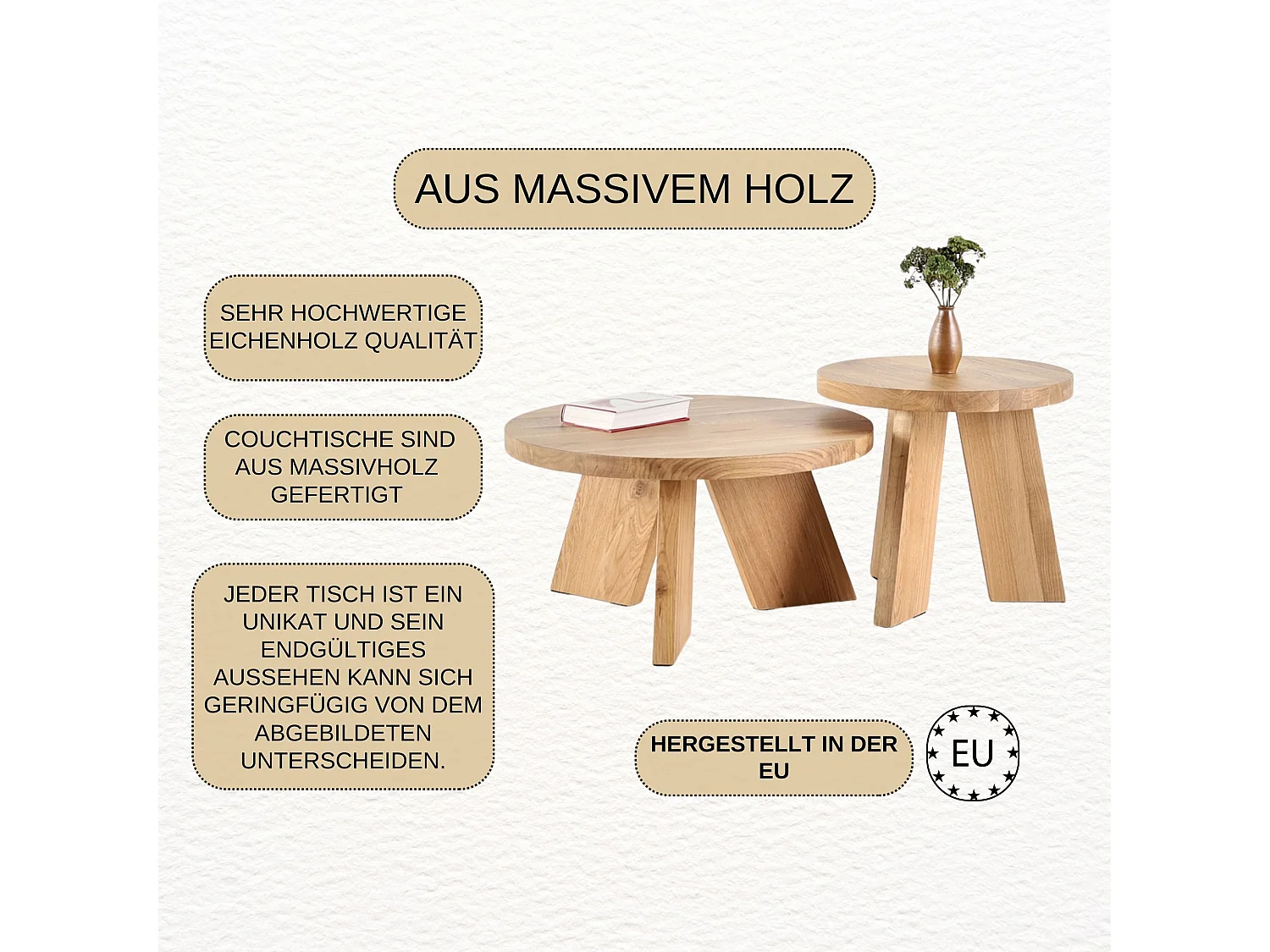Couchtisch - SET aus massivem Eichenholz zwei Tische stabil & modern