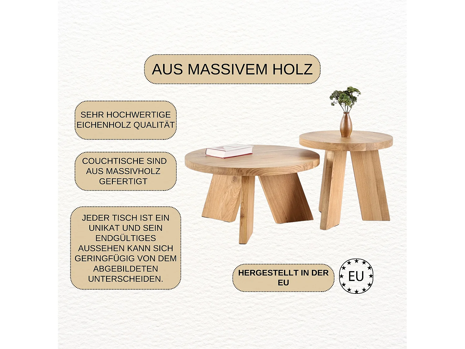 Couchtisch - SET aus massivem Eichenholz zwei Tische stabil & modern