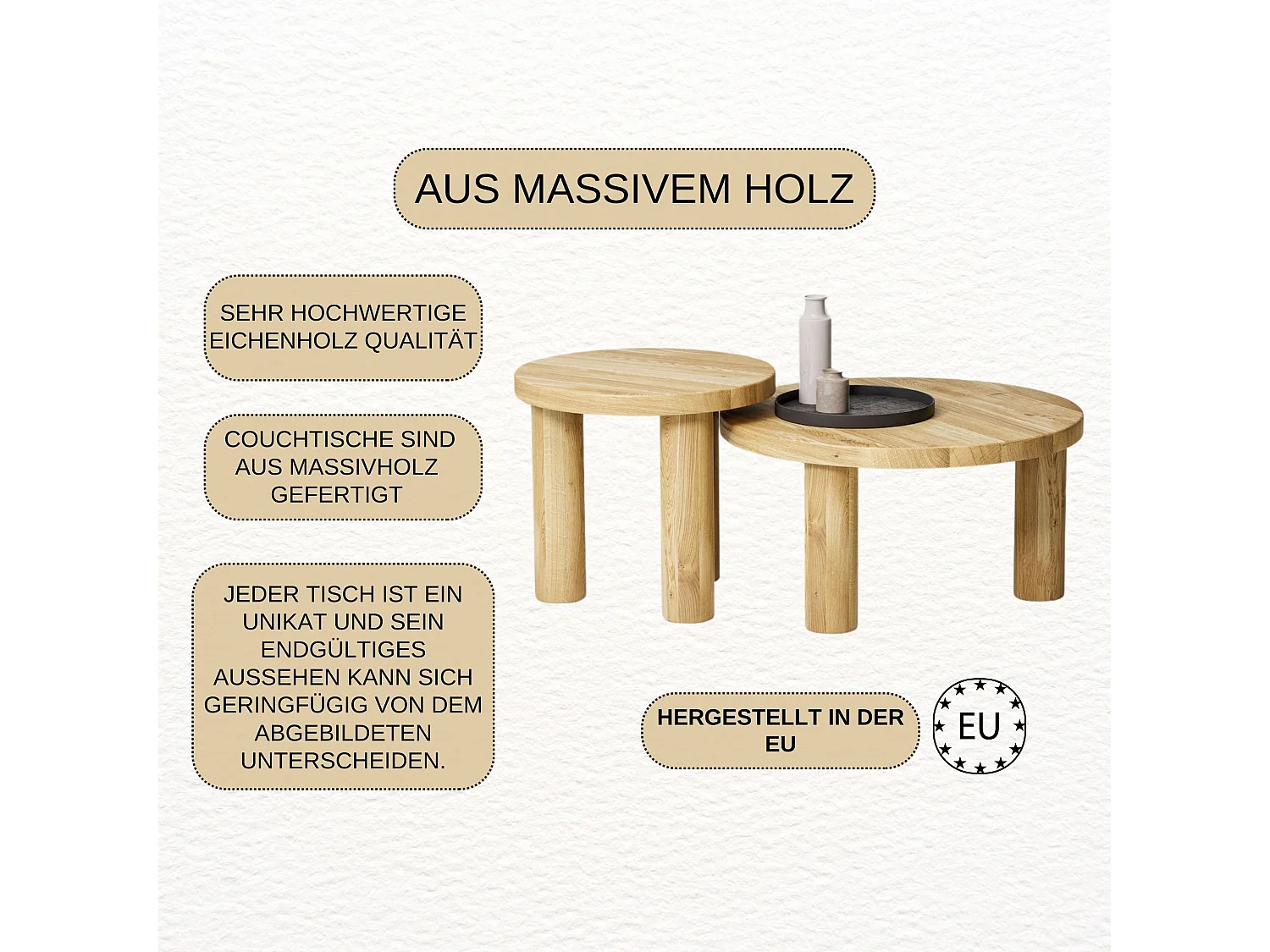 Couchtisch - SET aus massivem Eichenholz zwei Tische stabil & modern