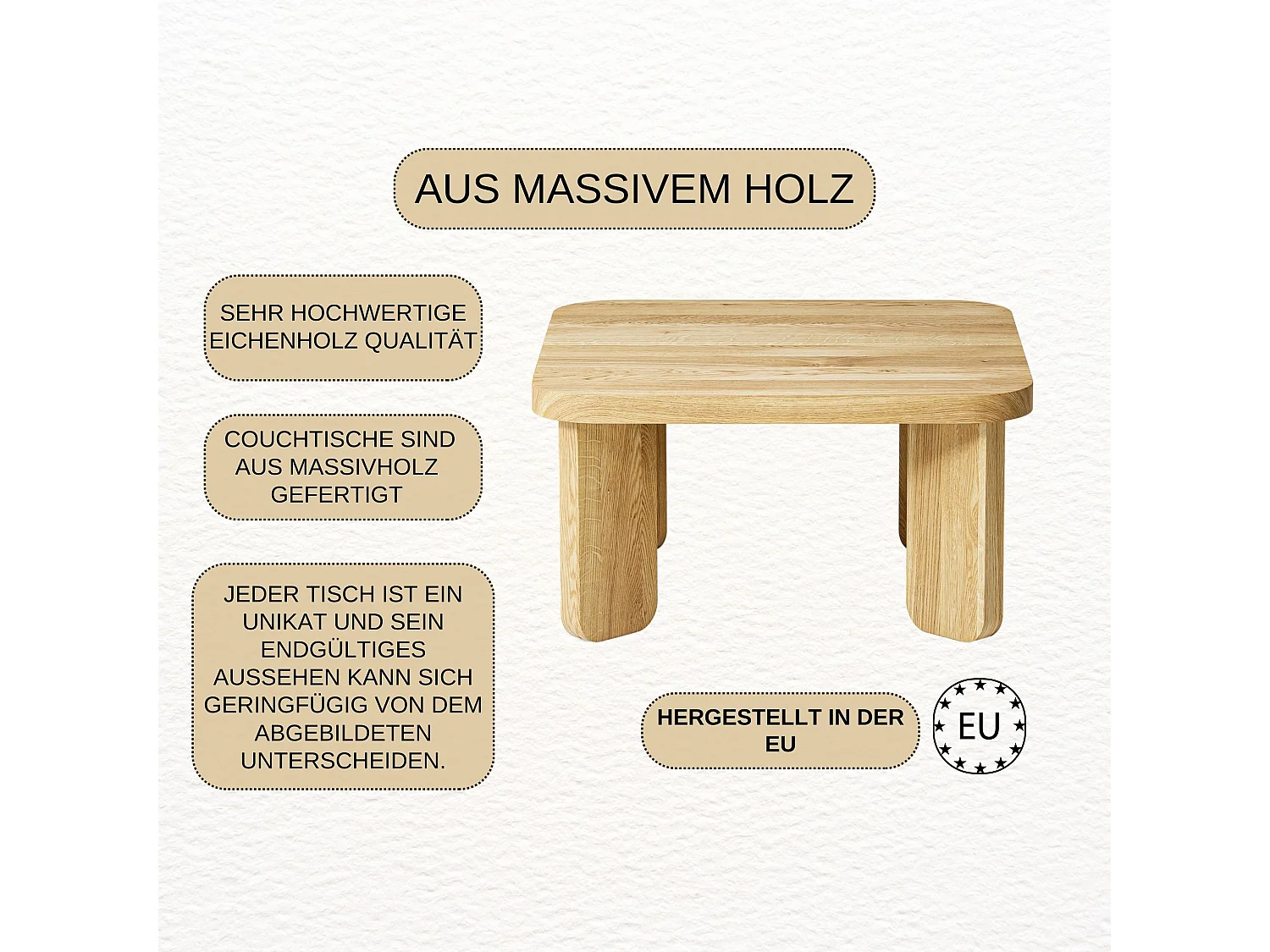 Couchtisch aus massivem Eichenholz - L70*B70*H37 stabil & modern
