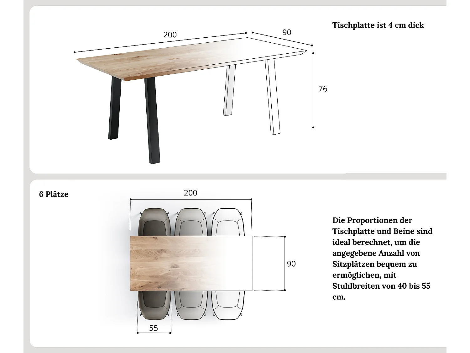 Esstisch aus massivem Eichenholz mit Metallfüßen 200/90/76