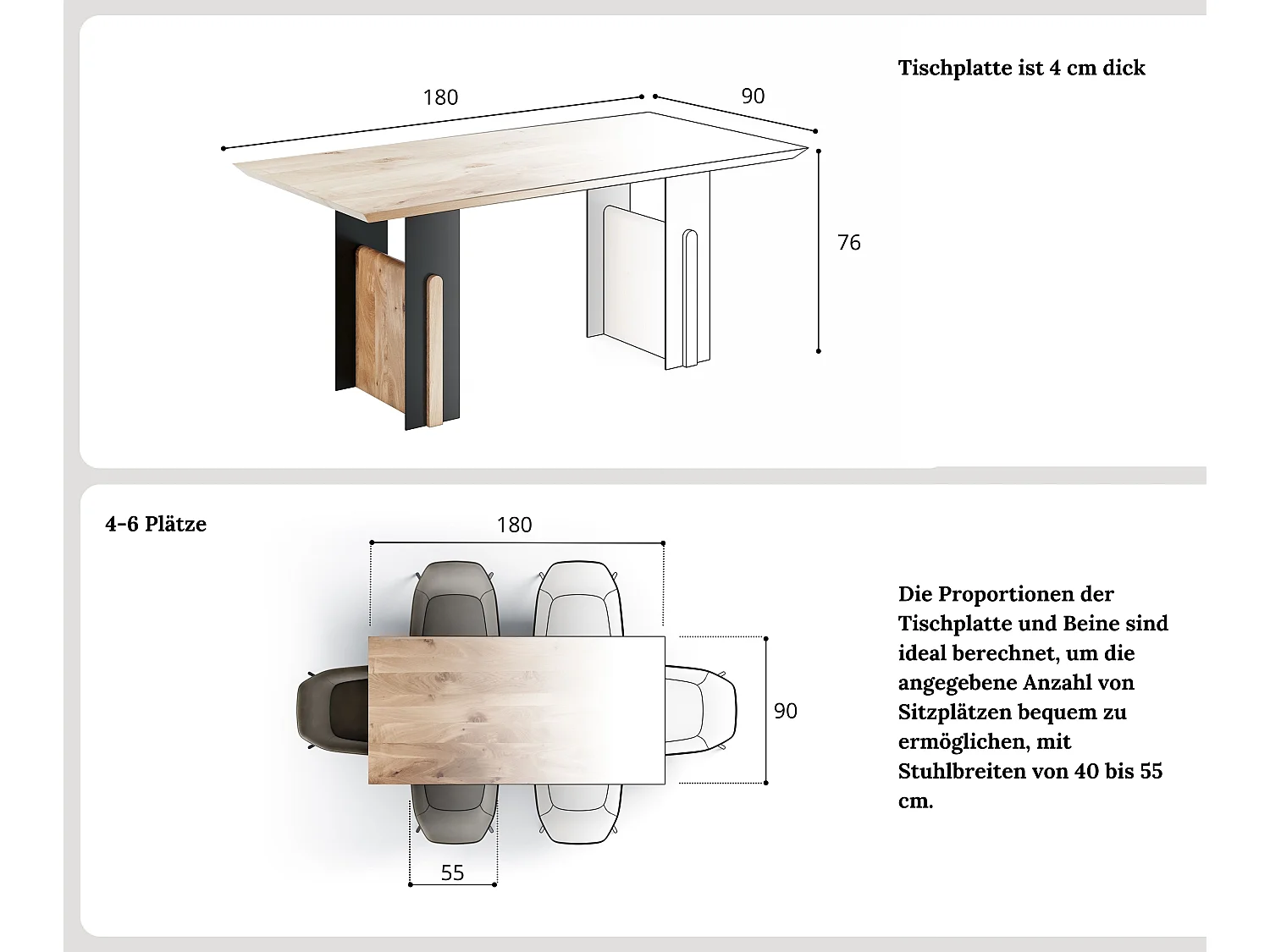 Esstisch aus massivem Eichenholz mit Metallfüßen 180/90/76