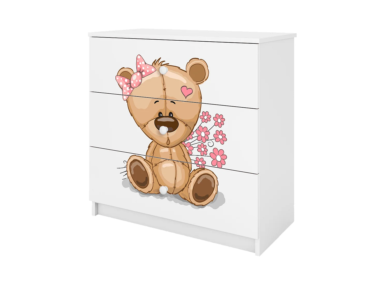 Kinderkommode mit Schubladen Teddybär Blumen in der Farbe Weiß Babydreams