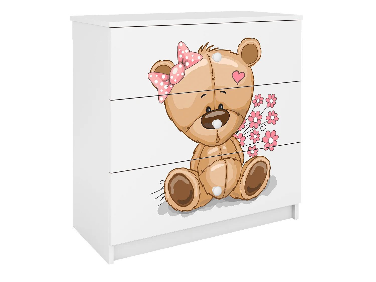 Kinderkommode mit Schubladen Teddybär Blumen in der Farbe Weiß Babydreams