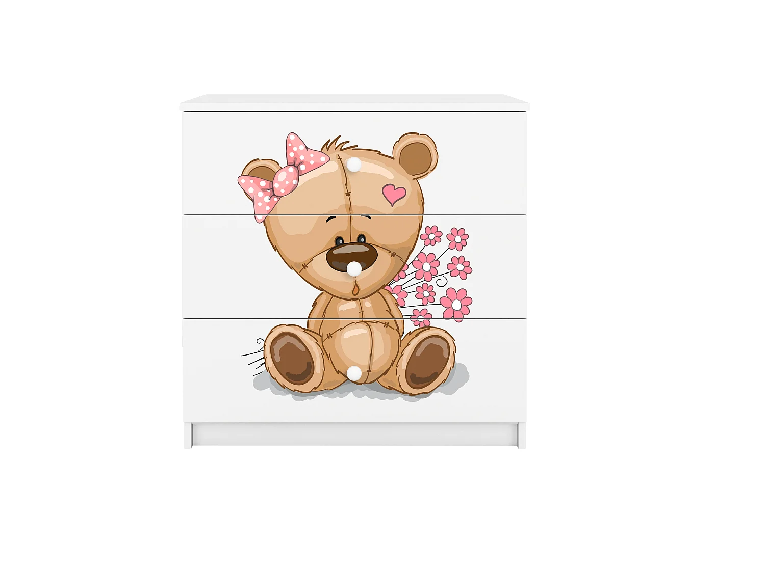 Commode pour enfants avec tiroirs ours en peluche fleurs en couleur blanche Babydreams