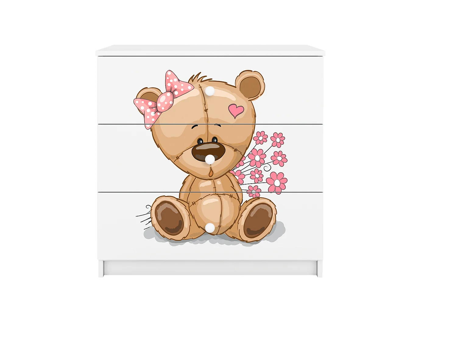 Commode pour enfants avec tiroirs ours en peluche fleurs en couleur blanche Babydreams