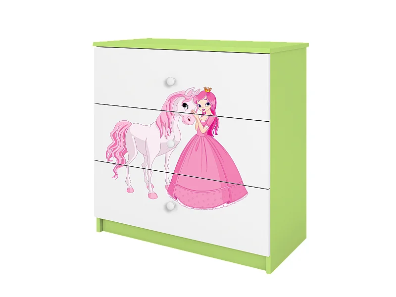Commode pour enfants avec tiroirs Princesse Cheval en couleur Verte Babydreams